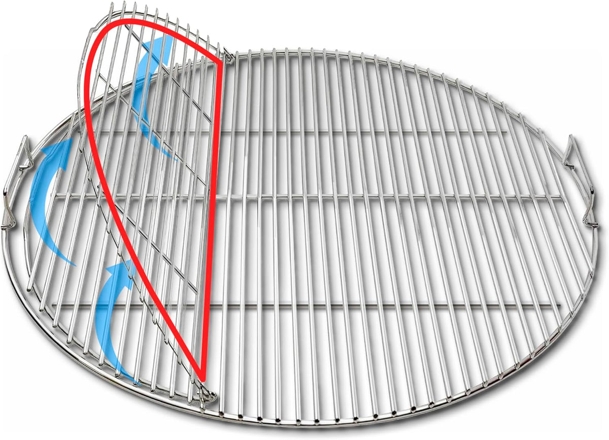 SnS Grills Slow ‘N Sear EasySpin Charcoal Grill Cooking Grate - Compatible with Weber and Other Grills, 2-Zone Stainless Steel Hinged Replacement - Tailgating & Backyard Cooking - 26” Inches