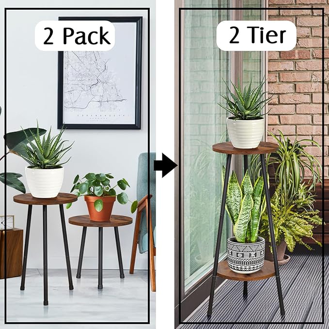 2 Pack Indoor Plant Stand, Mid-Century Wooden Style Plant Holder, Indoor Outdoor Flower Stand,Small Round Table, Two Different Sizes(Black)