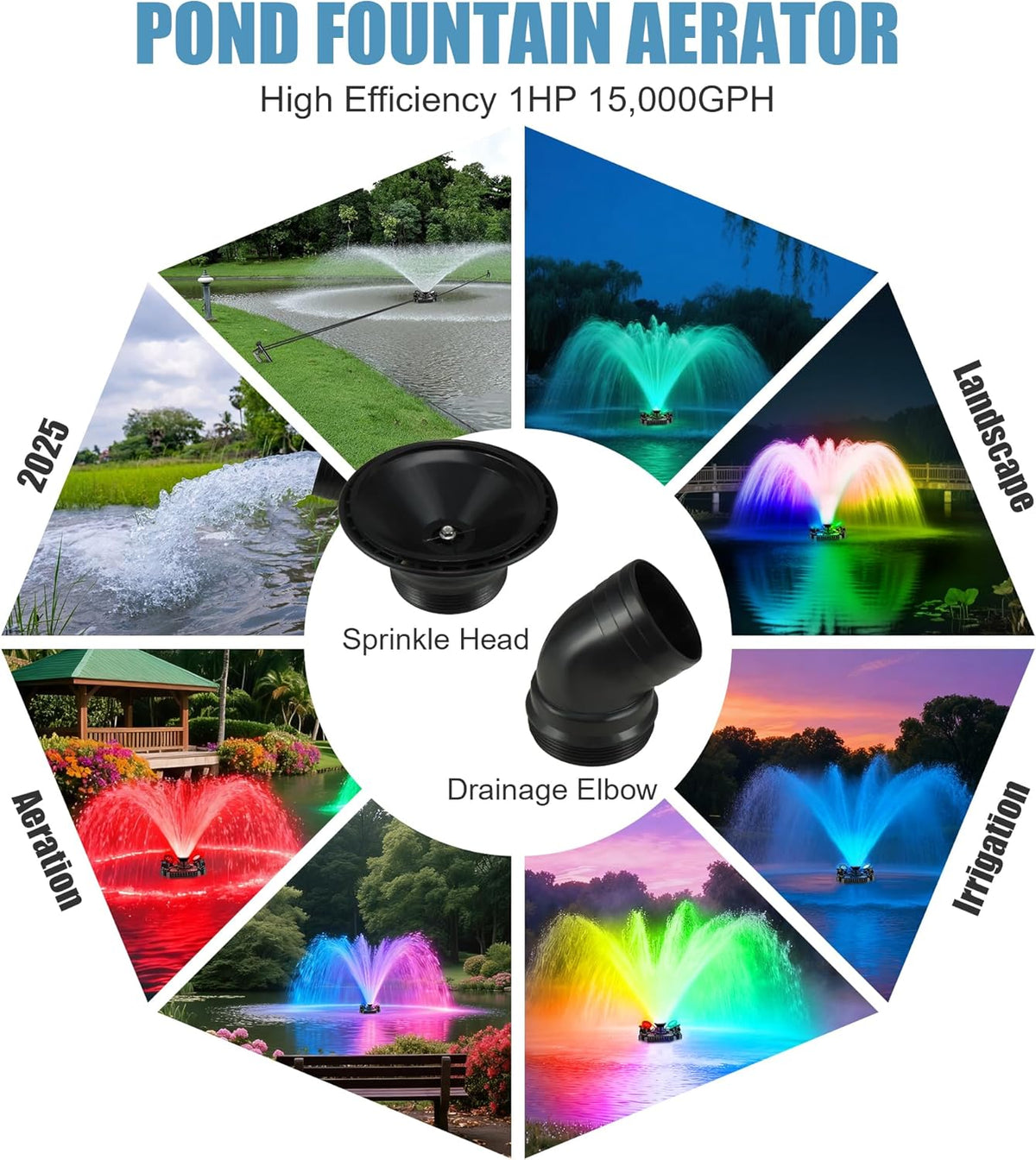 Goldlife Pond Fountain Aerator, F3 With 4 RGB Lights, 1HP 750W 110V Stainless Steel Floating Fountain With 100FT Power Cord, Octagon Aerating Fountain Pump for Small Large Pond Lake Pool Bay Fish farm
