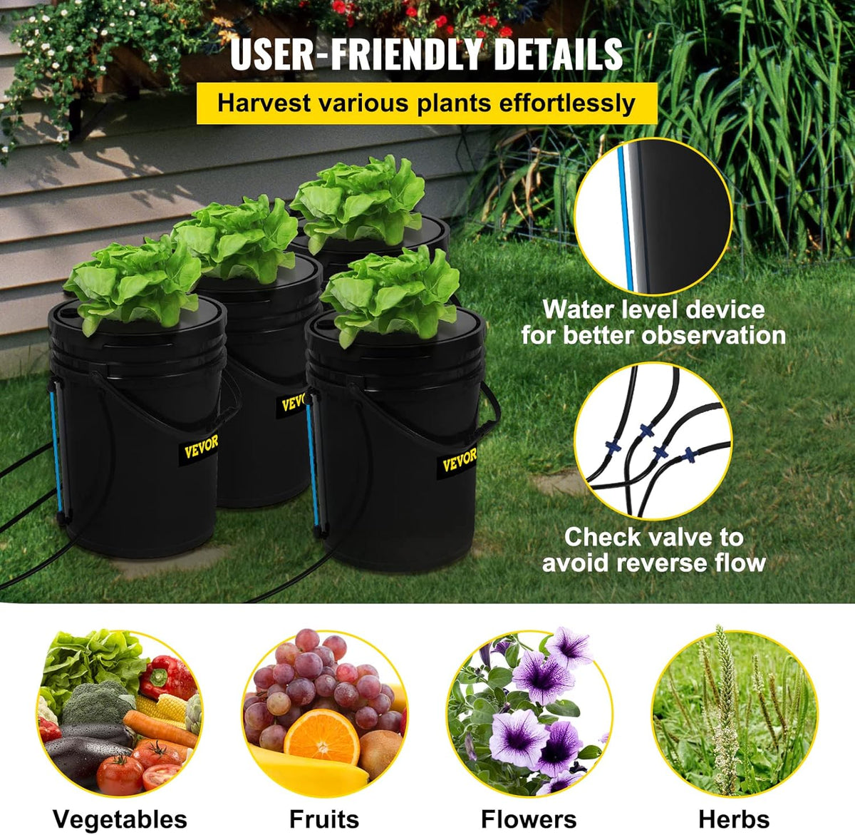 VEVOR DWC Hydroponic System, 5 Gallon 4 Buckets, Deep Water Culture Growing Bucket, Hydroponics Grow Kit with Pump, Air Stone and Water Level Device, for Indoor/Outdoor Leafy Vegetables