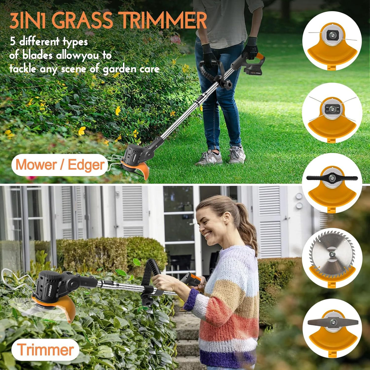 Electric Weed Wacker Cordless,21V Weed Cordless Eater Battery Powered with 2 * 2.0Ah Battery and 5 Types Blade, 3-in-1 Stringless Grass Trimmer/Edger/Brush Cutter for Lawn Garden Yard