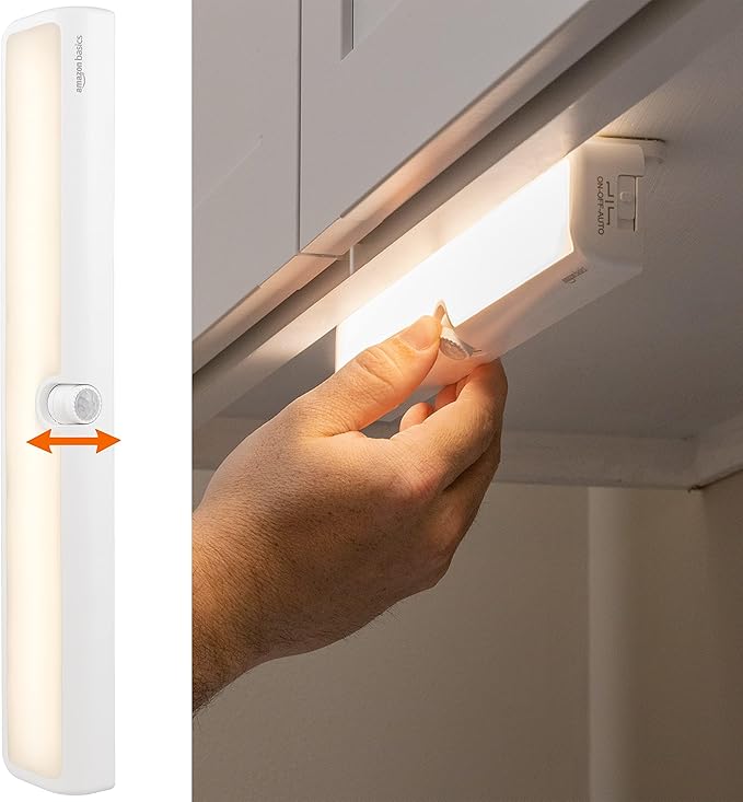 Amazon Basics LED USB/Battery Operated Light Bar, Swivel Motion Sensor, Stick on Lights, 250 Lumens, 12 Inches, Under Cabinet Lighting, Closet, Kitchen, 2 Pack, White