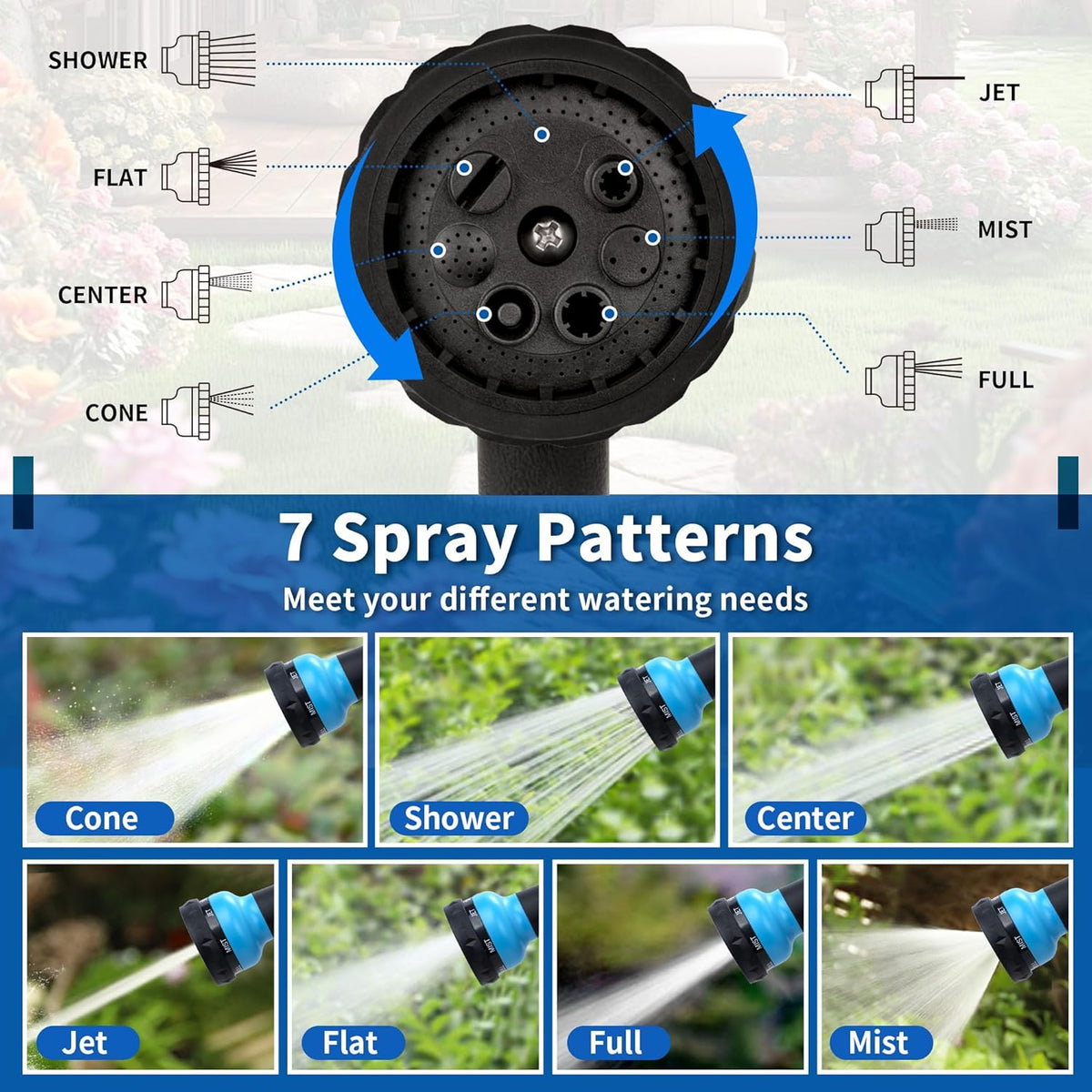 NEXCOVER Garden Hose Nozzle Sprayer - 7 Adjustable Watering Patterns Nozzle for Water Hose, Non-Slip Garden Spray Nozzle for Car Washing, Watering Plants, Pets Showering, Lawns Cleaning, Blue