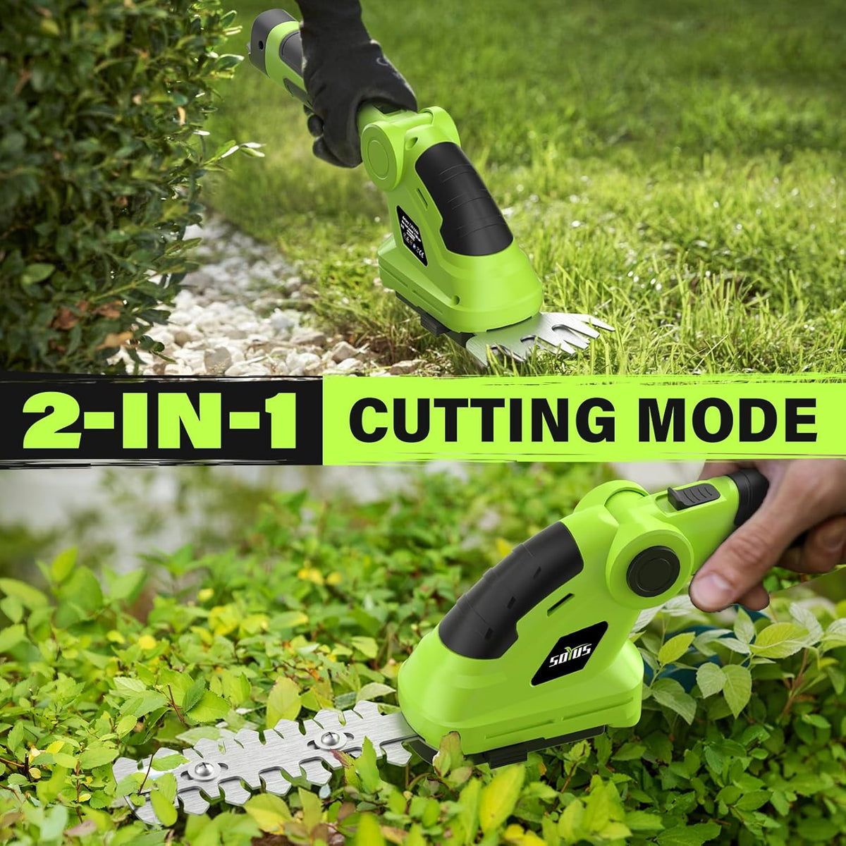 SOYUS Cordless Hedge Trimmer, 2 in 1 Electric Hedge Trimmers & Grass Shears, 7.2V Lightweight Shrub Trimmer Cordless with Battery and Charger, Ideal for Garden, Yard and Lawn - Green