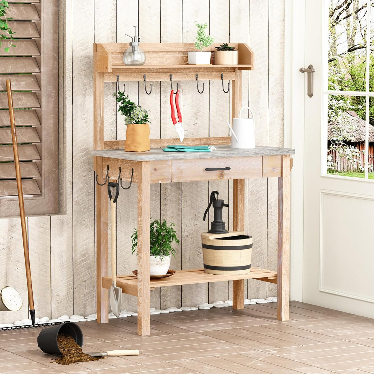 Outdoor Potting Bench Table with Metal Tabletop, Planting Table Potting Work Station with Storage Drawer and Removable Shelf Rack, Garden Potting Table for Outdoors