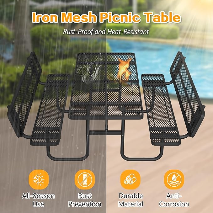 79'' Steel Rectangular Picnic Table for Outdoors, with backrest, Expanded, Lifetime Picnic Table with Umbrella Hole, Heavy Duty Sturdy Commercial Picnic Tables for Garden Courtyard BBQ, Black