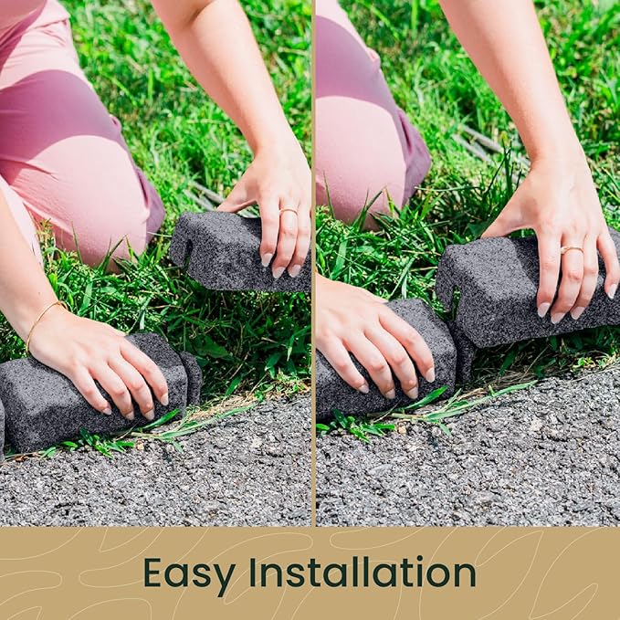 Beuta Landscape Edging | Garden Edging Border | Faux Stone Bricks for Lawn edging, Flower beds, Pathways & Yard Edging– 40 Packs | Each Section Has 6 Bricks 48"L x 4"W x 2.25"H | 120 Spikes |Charcoal