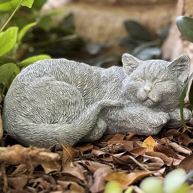 Cat Memorial Stones Garden Decor Statue Outdoor Statues, Cat Figurines Garden Sculpture Garden Decoration, Sleeping Tabby Decor for Patio, Porch and Lawn, Housewarming Gift for Mom