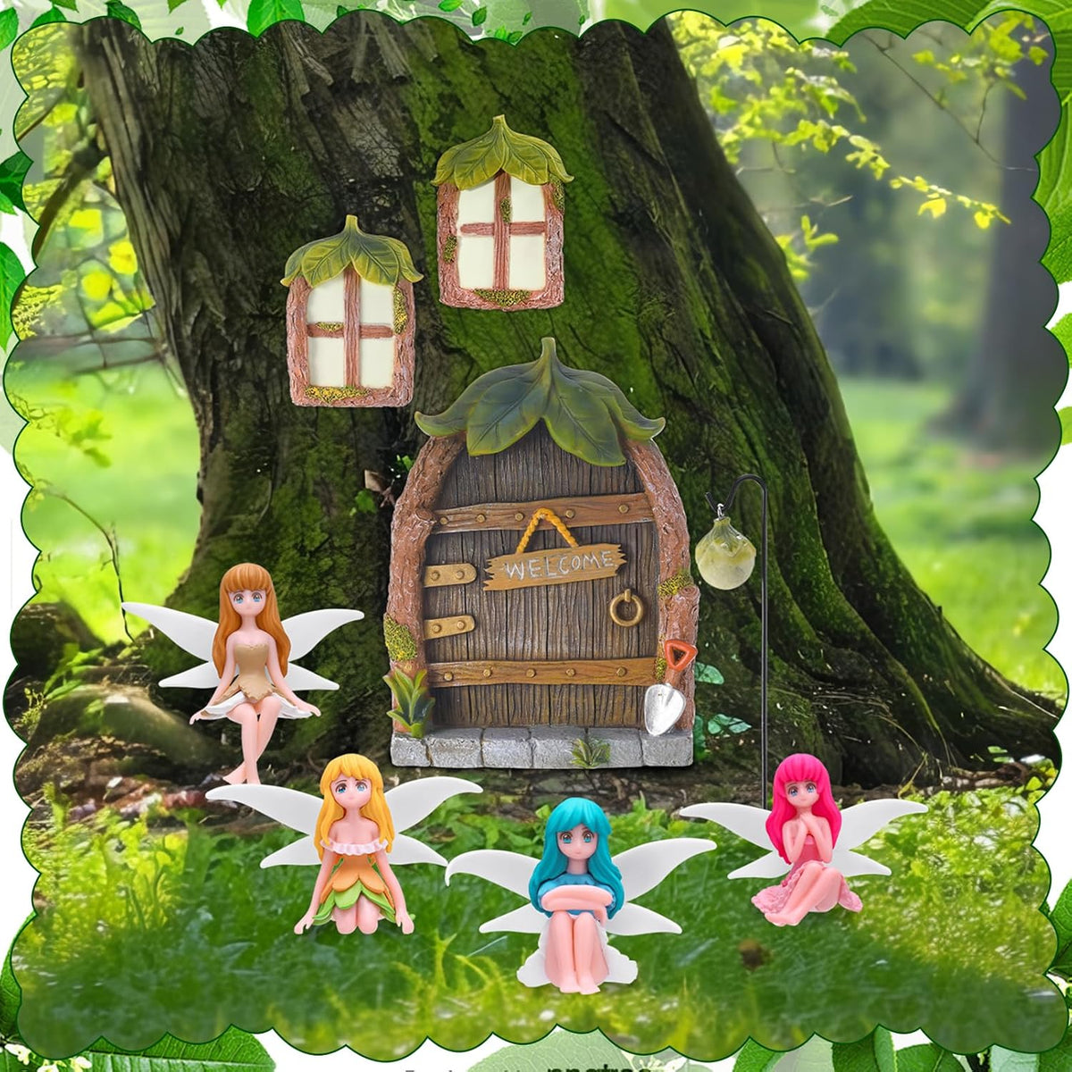 Glowing Miniature Fairy Garden Accessories, 4-Piece Miniature Fairy Figurines Glow in The Dark Fairy Door and Windows for Trees Set, Resin Light Up Sculpture Kit for Outdoor & Indoor Gardens