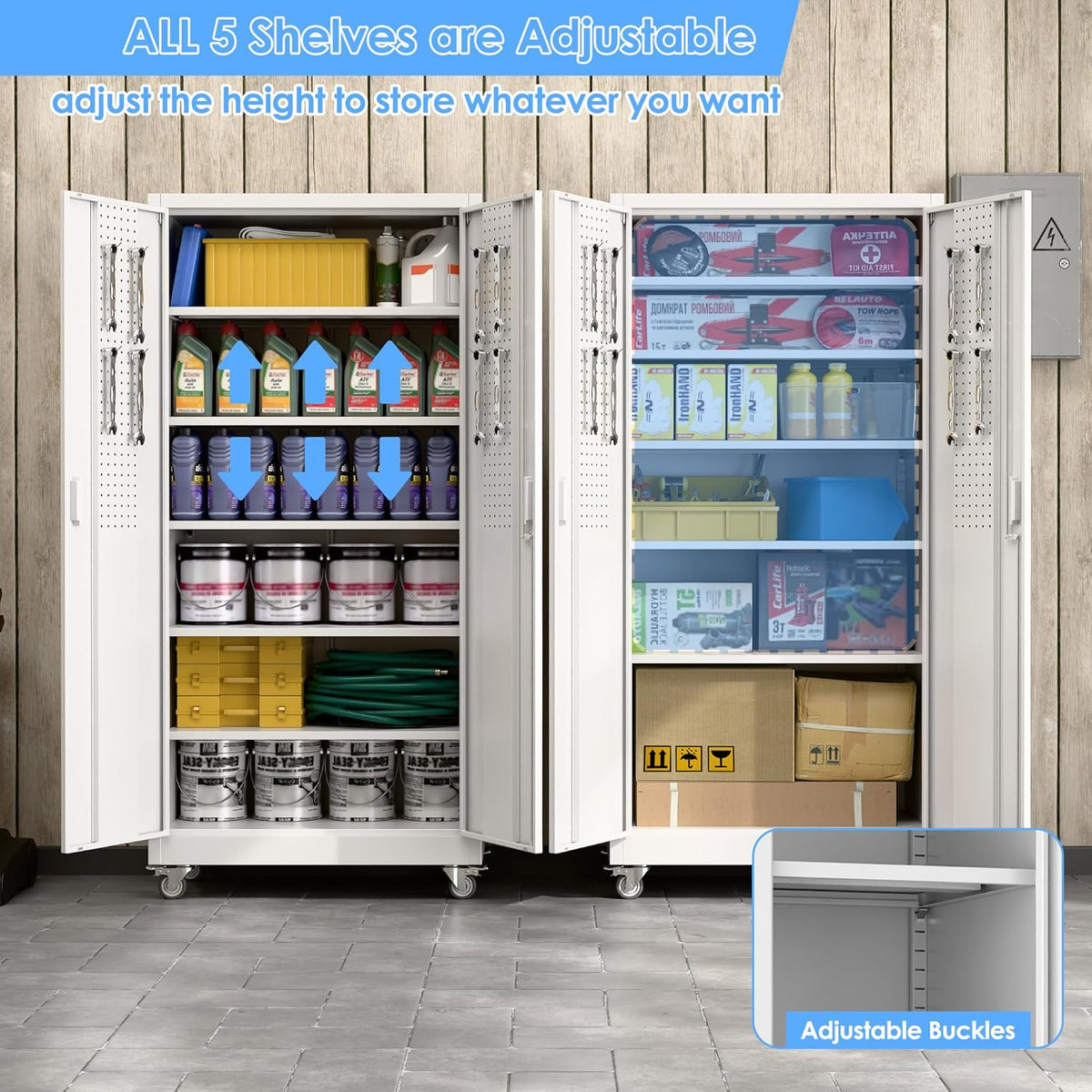 Metal Garage Storage Cabinet with Wheels & Pegboard, Lockable Metal Storage Cabinets with 2 Doors&5 Adjustable Shelves for Garage&Home,Assembly Required,White 71''H x32''W x16''D