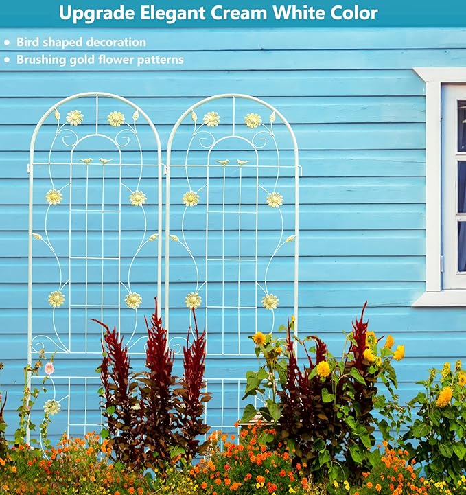 2 Pack Metal Garden Trellis for Climbing Plants 71" H Cream White Garden Fence Rustproof Trellis Support Roses Flower Outdoor Lawn, Cream White