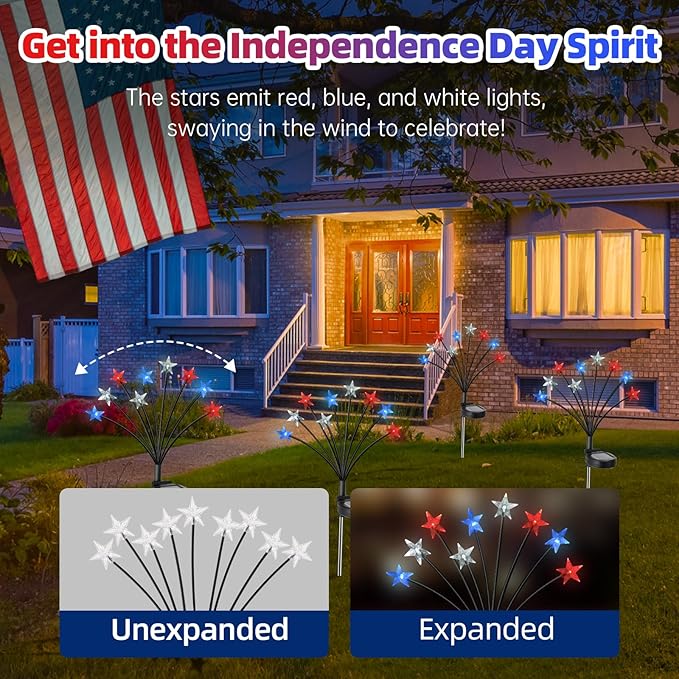 4th of July Decorations Solar Garden Lights, Fourth of July Red White and Blue Light Solar Lights Outdoor, Waterproof Patriotic Decor with 9 LED 2 Lighting Modes for Independence Day, 4 Pack