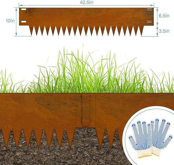 Co rten Steel Landscape Edging 10 Inch Tall 6 Packs, Pre-Rusted Metal Garden Edging with 6 Clips and a Pair of Gloves, Steel Edging for Landscaping, Garden