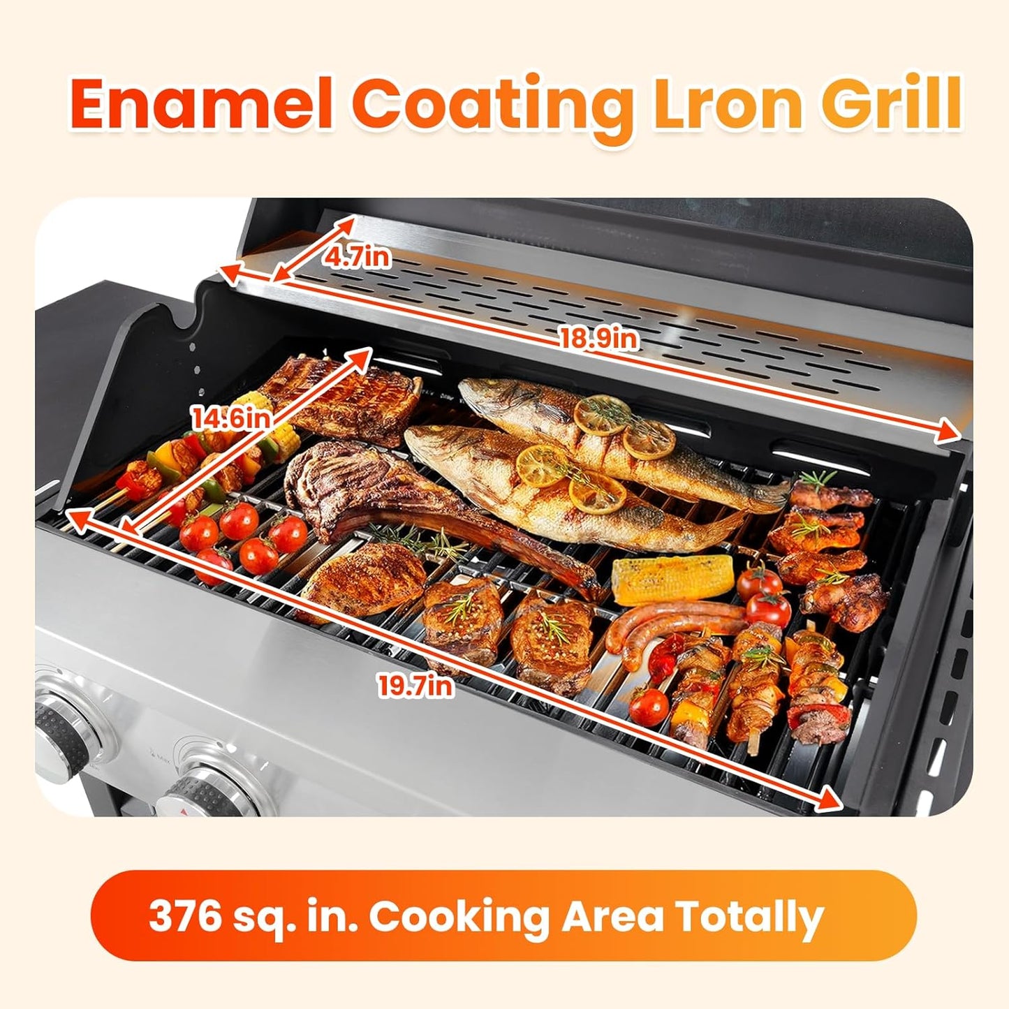 3-Burner Propane Gas BBQ Grill with Side Burner, Porcelain-Enameled Cast Iron Grates and Grills Cover, 40,500 BTU Stainless Steel Grill for Outdoor Camping Barbecue Grilling Backyard Cooking