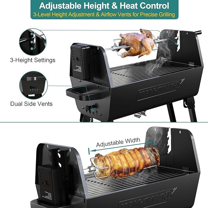 Brand‑Man 2‑in‑1 Charcoal BBQ Grill with Motorized Rotisserie – Portable, Foldable Grill, 257 sq in Outdoor BBQ Grill for Camping & Tailgate, Adjustable Height, Dual Vents