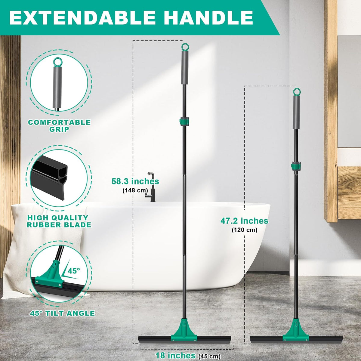 JEHONN Floor Squeegee Heavy Duty with 58.3 inches Long Handle, Rubber Scraper Broom for Cleaning Foam Water on Garage Concrete Bathroom Tile Marble Shower Glass Shop Deck Window Indoor Outdoor Green