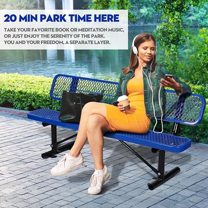 Heavy Duty Park Bench with Back Portable Frame, Outdoor Metal Park Bench with Backrest, Steel Mesh Outdoor Bench for Garden, Lawn, Patio, Porch, Park, Yard (Blue, 72.4" L x 23.2" W x 32.5" H)