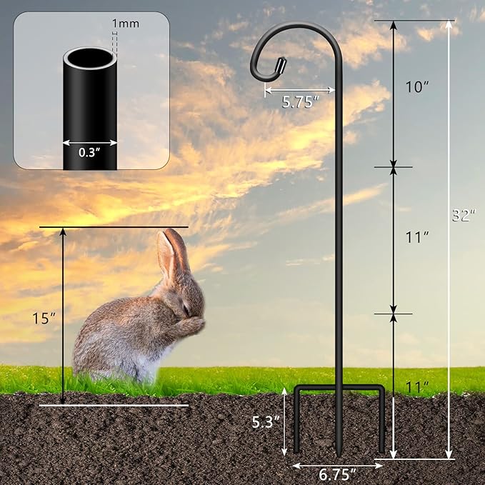 Gtongoko 8 Pack Shepherds Hooks for Outdoor 32 Inch Garden Hooks for Hanging Plants, Lanterns, Bird Feeders, Solar Lights, Mason Jars, Weddings Decor, Adjustable, Matte Black