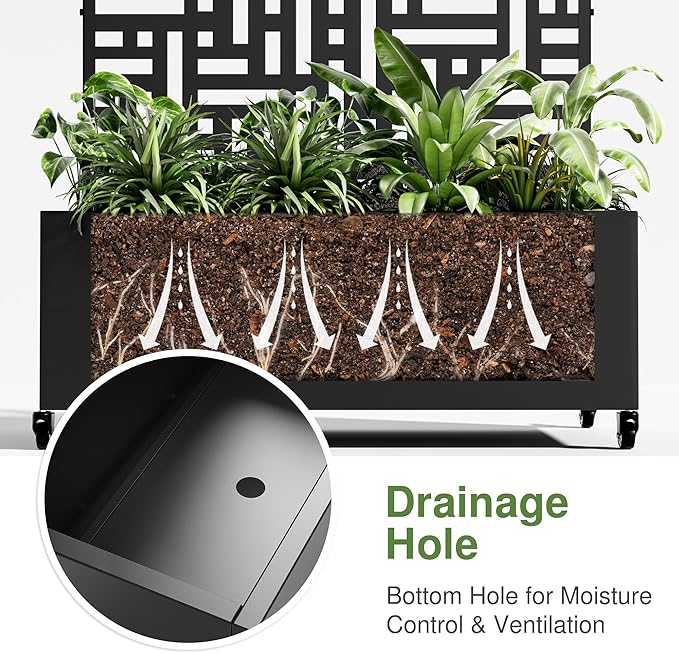 Casaphoria Metal Raised Garden Bed with Trellis and Wheels, 47"x47"x16" Planter Box for Climbing Plants, Vegetables & Vines, Features Drainage Holes and Privacy Screen (Black-Helen)