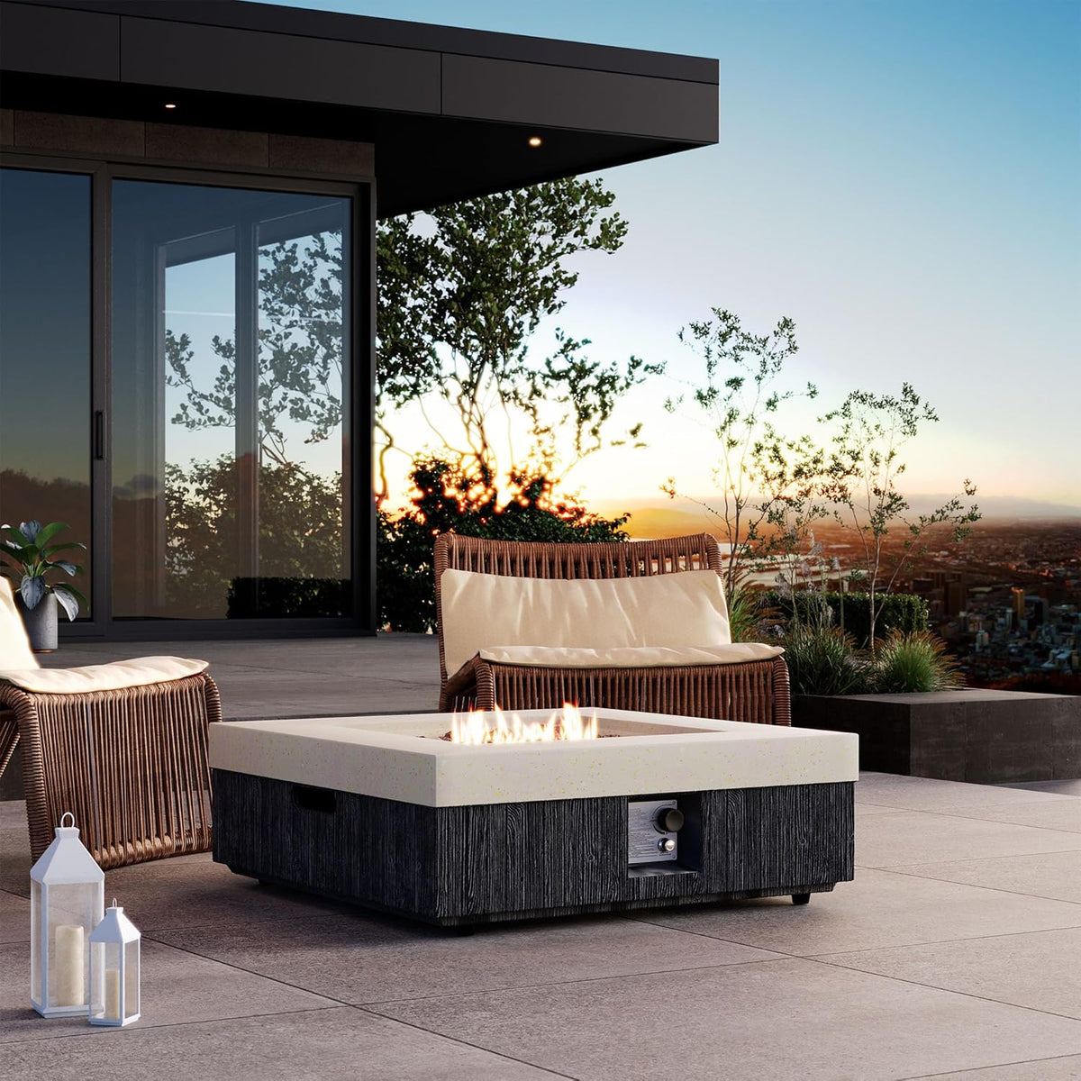 COSIEST 35" Outdoor Propane Fire Pit Table Square Gas Fire Pit Table with Concrete & Wood Grain Design, 50000BTU CSA Certified Electronic Ignition Fire Tables for Patio, Backyard, Garden Heating