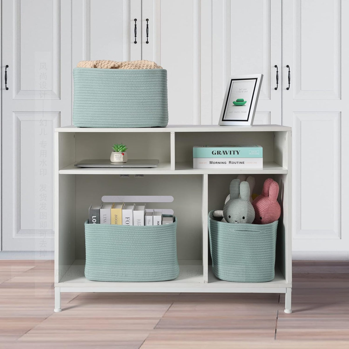 Cotton Rope storage Basket Bins Woven Basket for Organizing Shelves Rectangle Decorative Baskets For storage Clothes Toys Books Towels Square Wicker Nursery basket organizer 3 pack Green