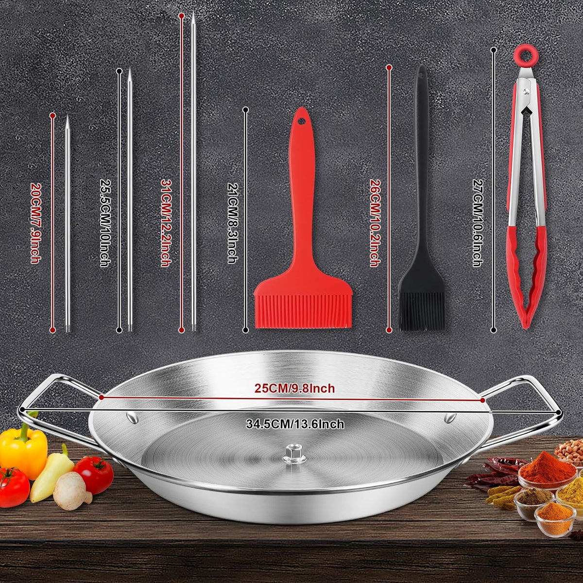 Stainless Steel Al Pastor Skewer & Gyro Pan for Grill – BBQ Vertical Skewer Pan Set with 3 Removable Spikes (8”/10”/12”), Brushes & Tongs, Brazilian Spit Stand for Tacos, Shawarma, Kebabs, Oven