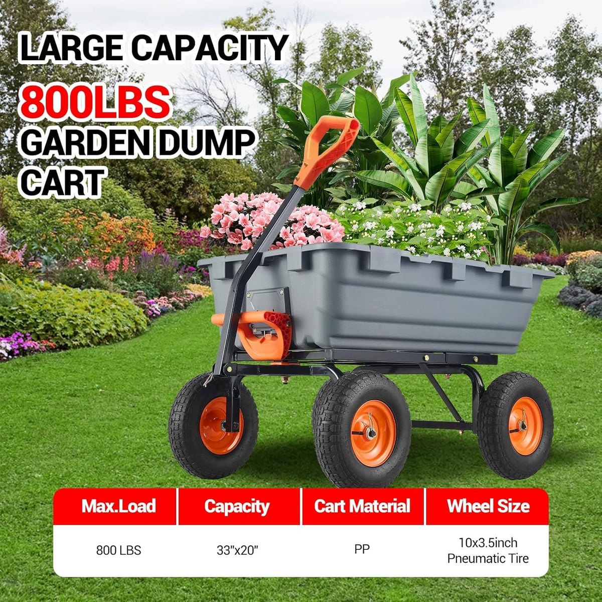 Garvee 800 lbs Poly Garden Dump Cart, Heavy-Duty Wheelbarrow with 10-Inch Tires, 180° Rotating Handle, Steel Frame and Quick Release System Garden Dump Cart for Soil Plants Gardening Tools Wood