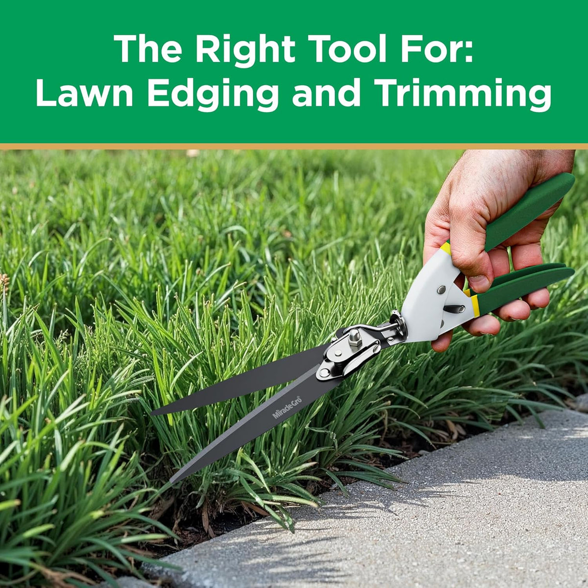 Miracle-Gro Grass Trimming Shears – Adjustable Rotating Handle with Sharp Non-Stick Carbon Steel Blades, Comfort Handles, and Safety Lock for Precise Garden and Lawn Edging