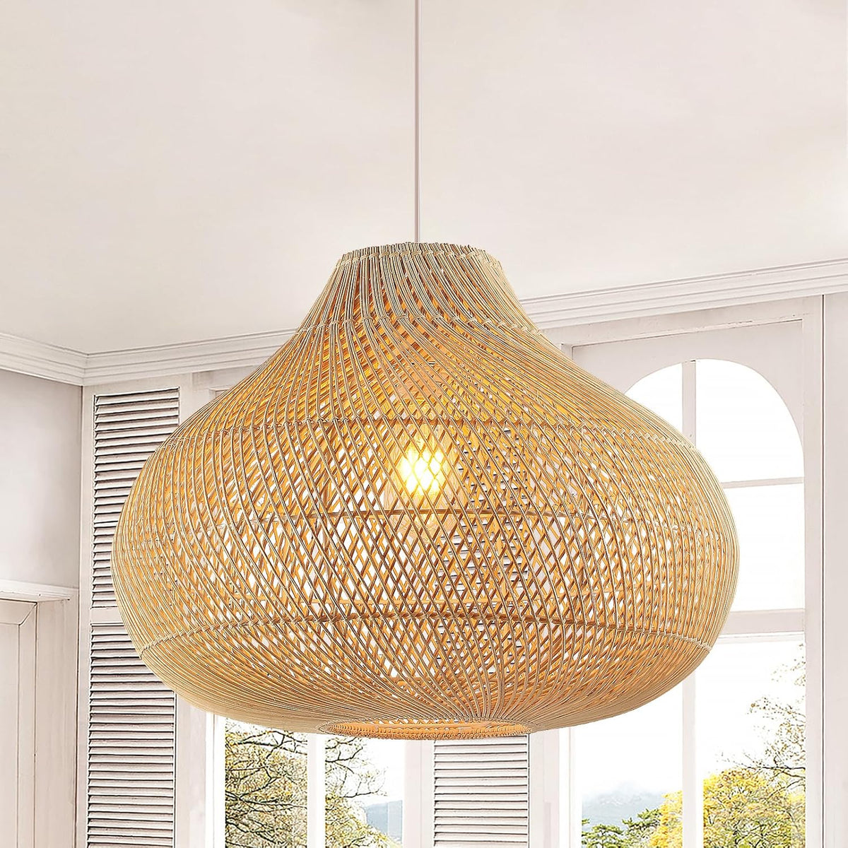 Large Rattan Pendant Light, 19.7" Rattan Boho Wicker Chandelier Hand-Woven Basket Pendant Light Fixtures for Dining Room Kitchen Island Living Room