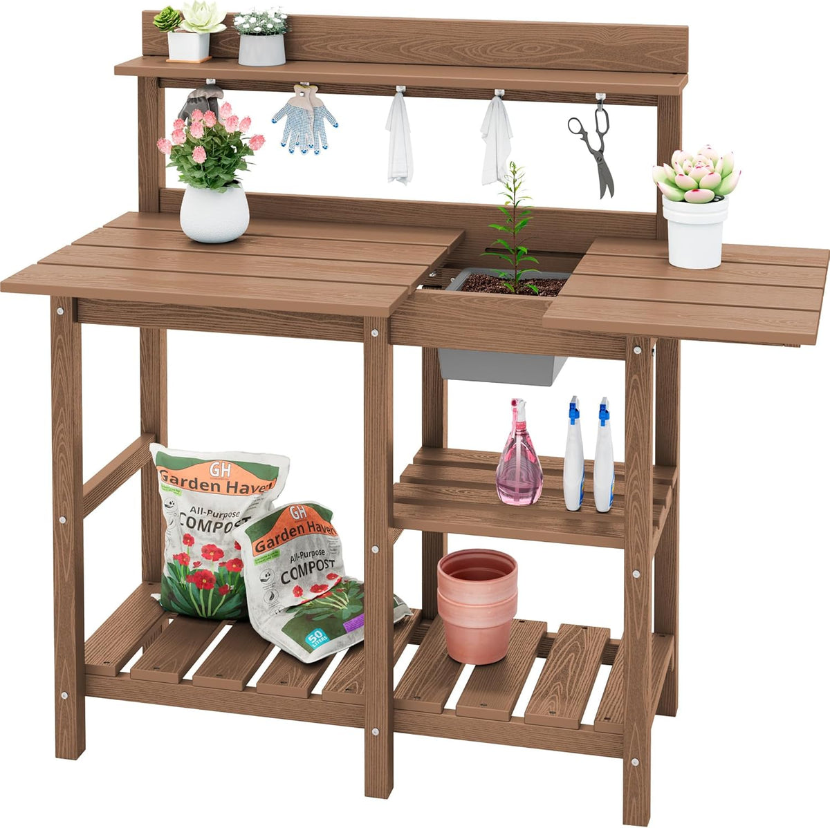 SERWALL Potting Bench Outdoor Potting Table with Sink, HDPE Potting Benches for Outside Gardening Table All Weather Use- Brown