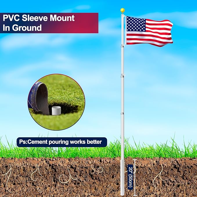 16FT Telescopic Flag Pole Kit, Heavy Duty 16 Gauge Aluminum Outdoor In Ground Flag Poles with an Embroidered 3x5 USA Flag, for Residential or Commercial,Garden,Yard Flag Poles