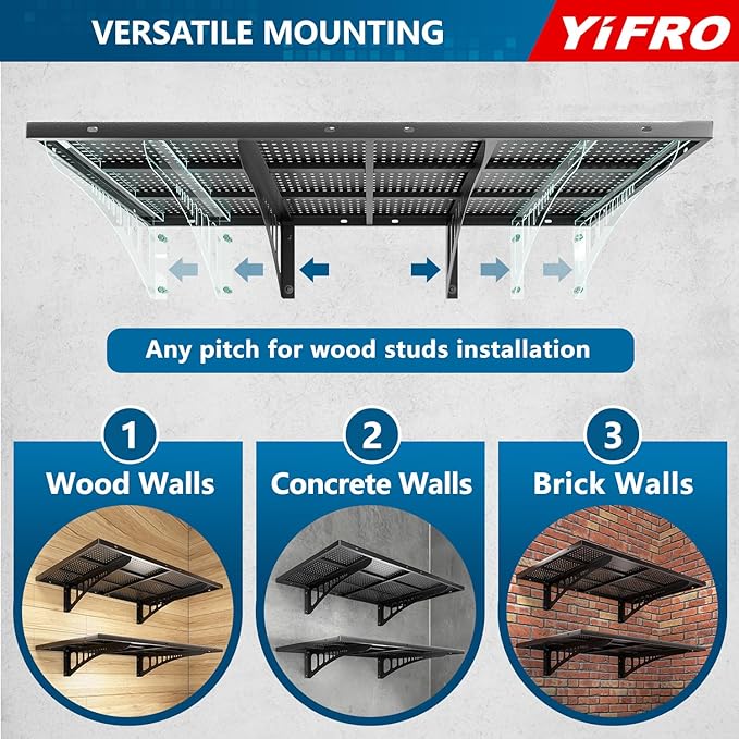 2-Pack 2x3ft Heavy Duty Garage Wall Shelving, 500 lbs Load Capacity, Garage Shelving Wall Mounted, Garage Storage Rack with Hooks, Black