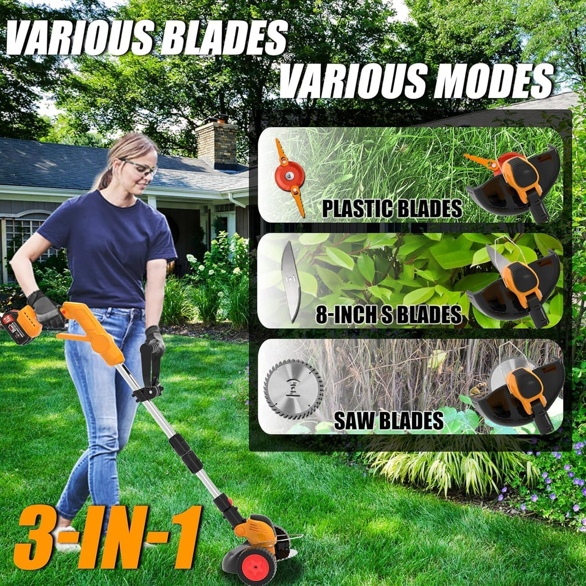 Electric Weed Wacker Cordless Eater, Battery Powered No String Grass Trimmer with 2 21V/4Ah Battery Operated&3 Types Blade&Wheels, Lightweight Weed Trimmer/Edger Lawn Tool for Garden Yard