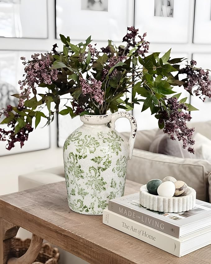 Ceramic Rustic Farmhouse Vase, 9 inch Ceramic Green and White Vase for Centerpieces Pampas Grass Pottery Jug with Handle Boho Chinoiserie Decor Vintage Vases for Living Room Kitchen Dinner Table Shelf