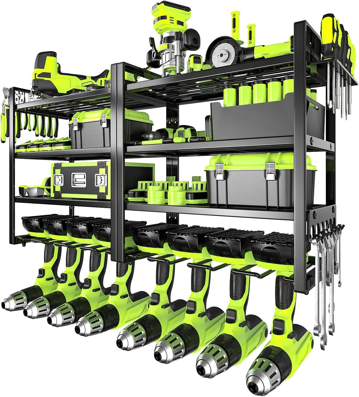 Power Tool Organizer Wall Mount,4 Layers Capacity Heavy Duty Metal Storage Rack with 8 Drill Holders for Drills Cordless Tools,Garage Organizer Suitable Workshop Basement