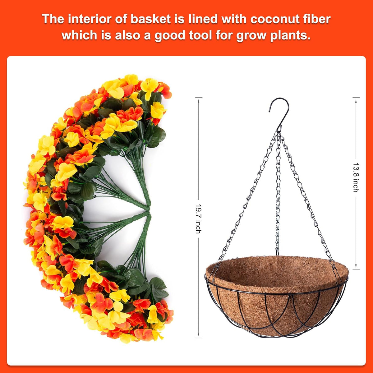 Fall Artificial Hanging Flowers with 12" Basket for Outdoor Decor, Fake Hydrangea UV Resistant Arrangements in Pot Planter Decor for Autumn Porch Garden Yard(OrangeYellow)
