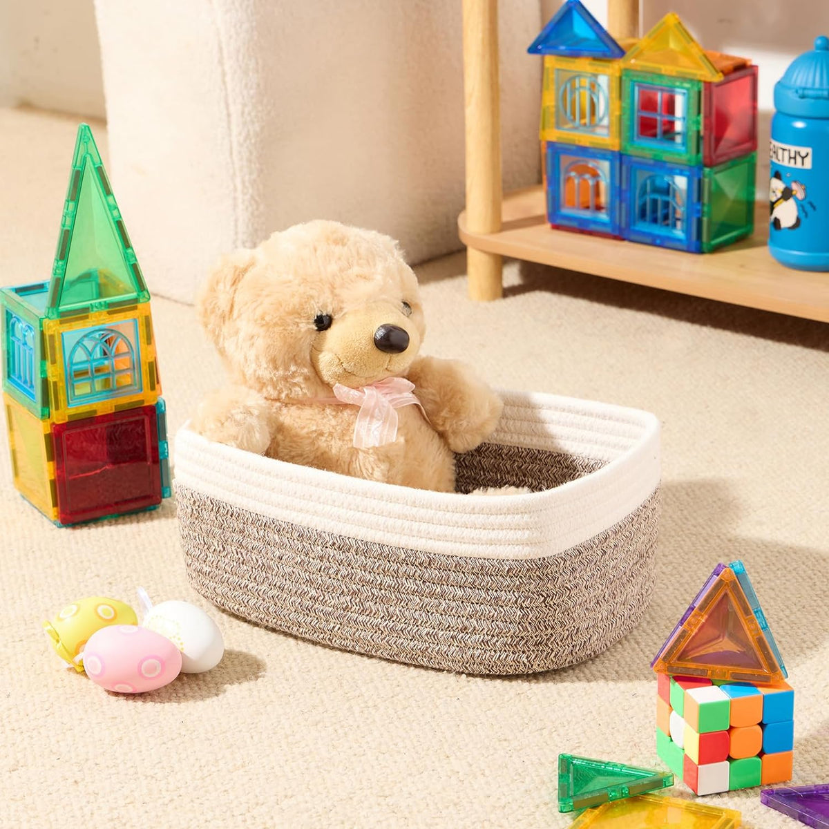 Small Storage Baskets for Organizing | Closet Organizer Bins | Shelf Toy Basket | Woven Rope Baskets | Cube Decorative Box | Shallow Basket | 11.5x7.5x4.7” | 3 Packs White Brown