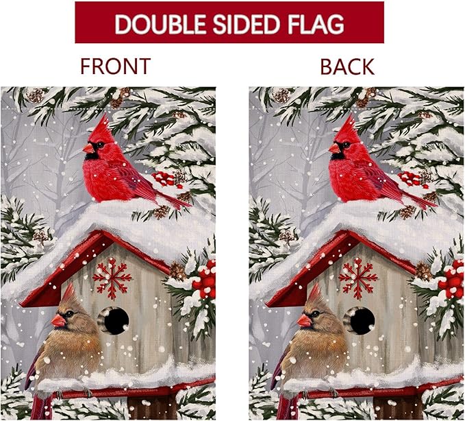 BLKWHT Winter Cardinal Bird House Flag 28 x 40 Vertical Double Sided Trees Snow Christmas Holiday Outside Decorations Burlap Yard Flag BW735-40