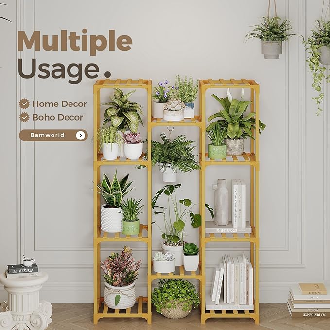 Bamworld Bamboo Plant Stand Indoor Hanging Plants Shelf for Multiple Plants Pots, Tall Large Flower Holder for Living Room, Patio, Balcony, Garden Nature Color
