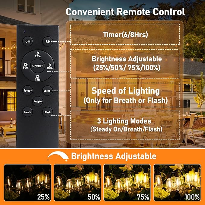 Bosceos Solar String Lights Outdoor with Remote, 27FT Solar Powered LED Lights for Outside with 16 Shatterproof ST38 Bulbs, Dimmable Light String, Patio Hanging Light for Backyard Garden Party Decor
