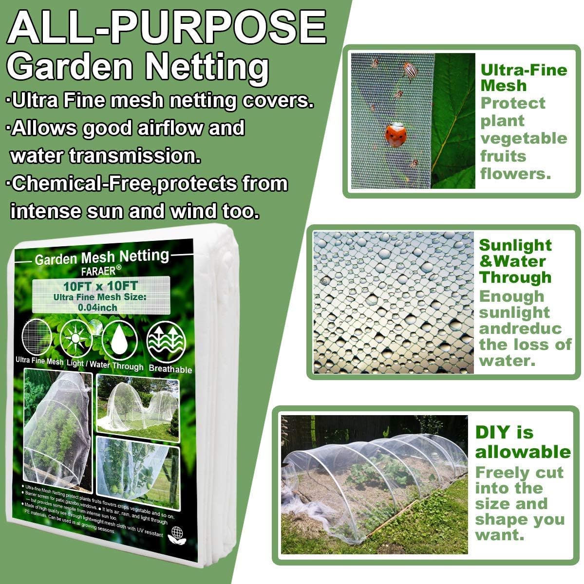 Garden Barrier Netting, Plant Covers 10x10Ft Ultra Fine Mesh Netting Protect for Vegetable Plants Fruits Flowers Crops Greenhouse Row Covers Raised Bed Barrier Screen Birds Animals Protection Net