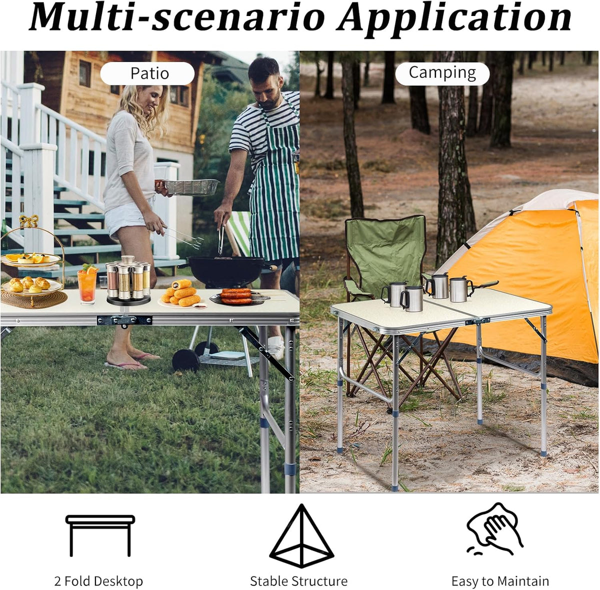 Outvita 3ft Portable Folding Camping Table, Outdoor Waterproof Adjustable Height Table, Aluminum Lightweight Suitcase Foldable Table for Picnic BBQ Beach Dining