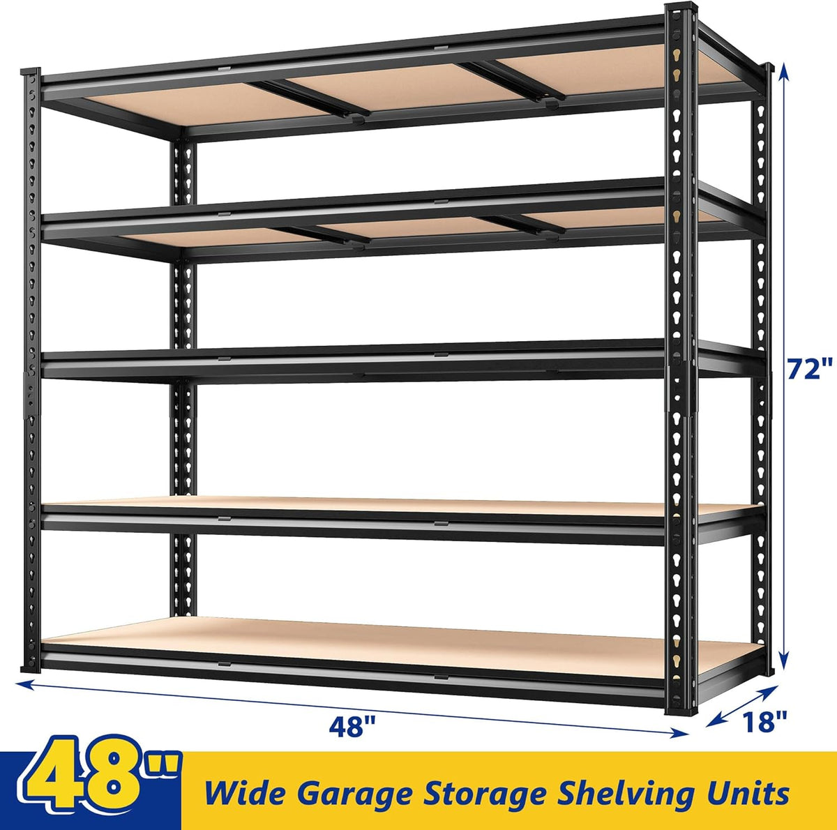 REIBII 48" W Garage Shelving Heavy Duty, 3000LBS Storage Shelves, 5-Tier Adjustable Metal Shelving, Garage Shelves Sturdy Industrial Shelf, Easy Assemble, 72" H x 48" W x 18" D