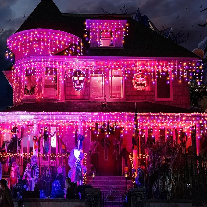 Christmas Icicle Lights Outdoor, 66ft 640 LED Icicle Lights for Outside with 8 Modes Timers, Waterproof Plug in Twinkle String Light for House Eave Patio Party Holiday Decorations, Purple Orange