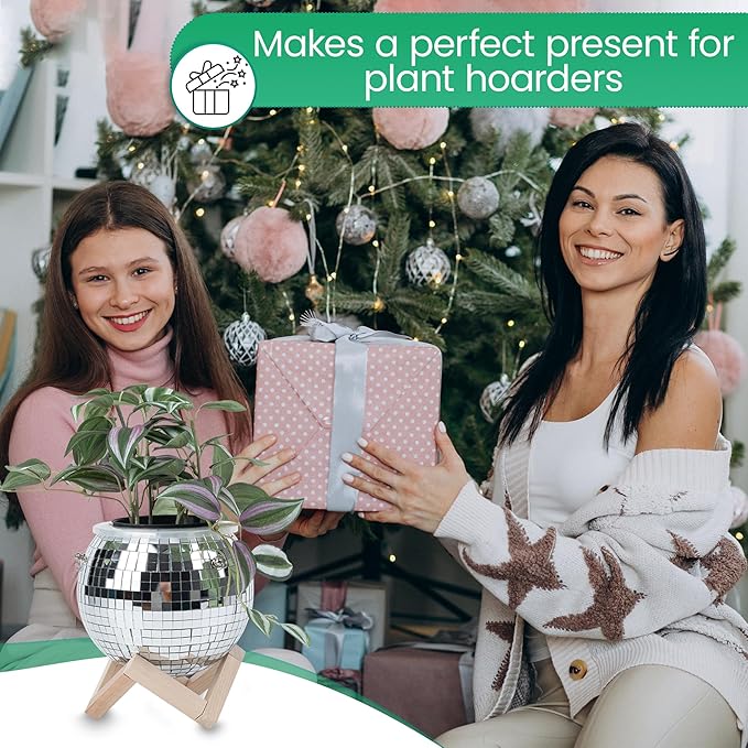 6" Disco Ball Planter – Rotating Mirror Planter with Macrame Hanger & Wooden Stand for Indoor and Outdoor Plants