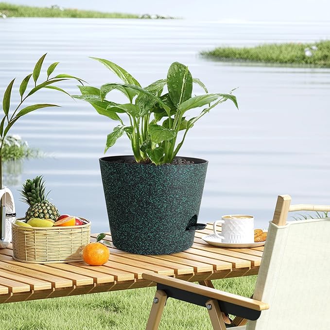12 inch Large Self Watering Pots for Indoor Outdoor Plants, Flower Plant Pots with Mesh Drainage Holes for Garden, Plastic Planters with Reservoir for Home Plants, Black with Green Speckles