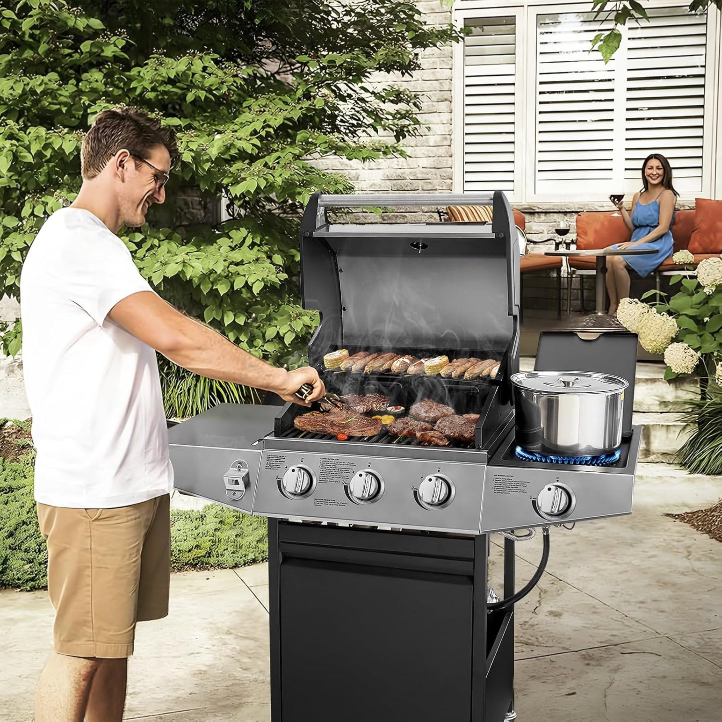 3 Burners Gas Grill with Side Burner, Propane Grill with Wheels and Storage, Outdoor Gas BBQ with Oil Tray and Thermometer for Patio and Party, 37000 BTU
