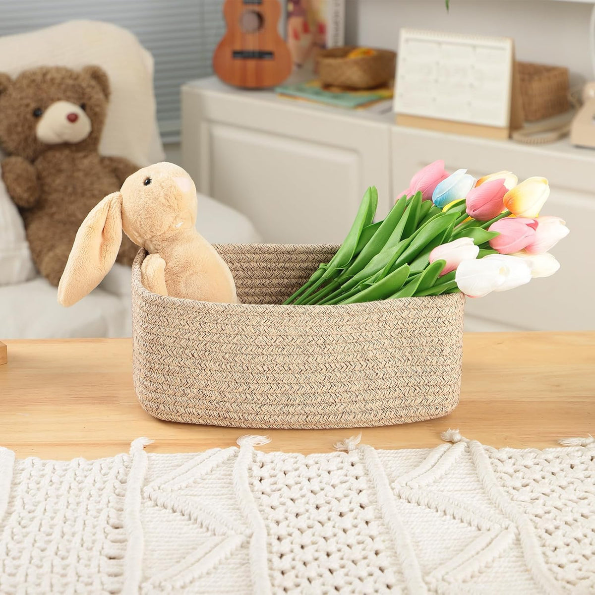 Small Storage Baskets for Organizing | Closet Organizer Bins | Shelf Toy Basket | Woven Rope Baskets | Cube Decorative Box | Shallow Basket | 11.5x7.5x4.7” | 4 Packs Mixed Brown