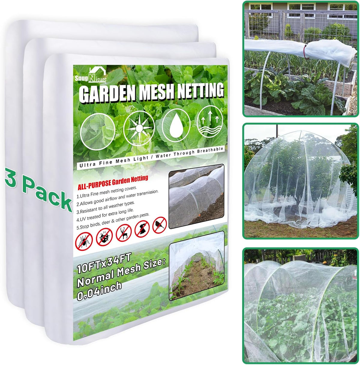 SnugNiture 3 Pack Garden Netting 10x34FT Ultra Fine Mesh Mosquito Netting Plant Covers, White Bird Netting Barrier Greenhouse Row Cover Protect Fruits Flower Vegetables from Birds Deer & Squirrels