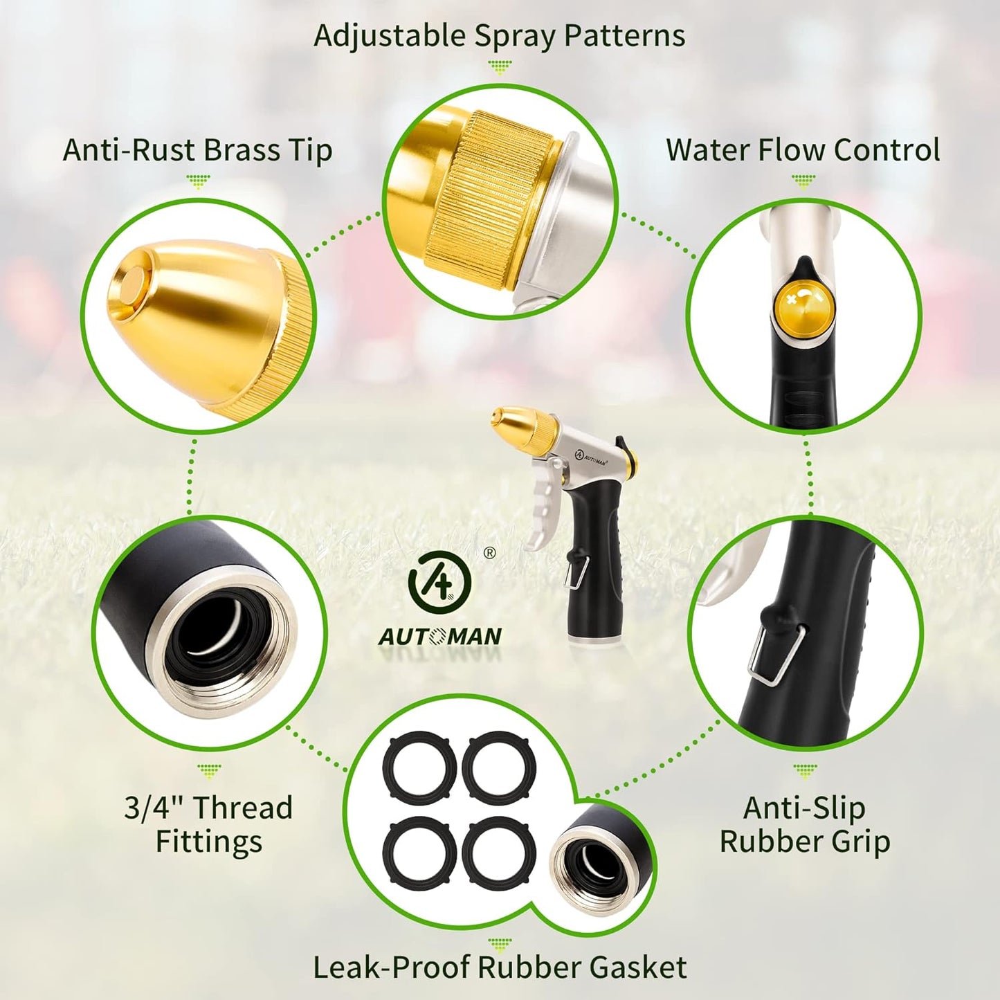 AUTOMAN Metal Hose Nozzle, High Pressure Garden Hose Sprayer, 100% Metal Water Hose Nozzle, Adjustable Watering Nozzle, Heavy Duty Garden Nozzle for Watering Plants & Lawns, Washing Cars & Pets